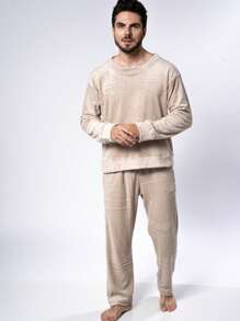 Men's Ultrasoft Long Fleece Pajamas For Cold Winter - Beige - View 3