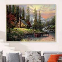 Lake Forest Wooden House Landscape Wall Art - Canvas Poster-1 Pc Wooden Framed Canvas Painting -  Thickness 2.25cm/0.9inch,Valentine's Day Decorations At Home,Valentine's Day,New Year,Home Gift Decoration, Room Decoration Aesthetic, Wall Decoration Art, Perfect Gift, Autumn And Winter Wall Decoration, Living Room Decoration, Bedroom Decoration, Kitchen Decoration, Entry Decoration, Bathroom Decoration, Direct Wall Painting, High Quality Wall Painting Poster ,Easter  Easter Decorations For Women - 彩色 - 查看 2