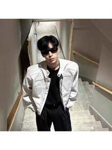 Short Leather Jacket With Men's High-End And Niche Design, Shoulder Pad Riding Motorcycle Jacket - trắng - Xem 2