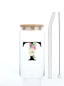1 buc. Flori imprimate 3D, litere negre, ceașcă de sticlă cu capac, paie și perie cu paie, 16 oz, sticlă de apă, reutilizabilă, simplă, transparentă, de băut pentru lapte, ceai, petrecere, cafea, personalizată, creativă, utilizare în aer liber
