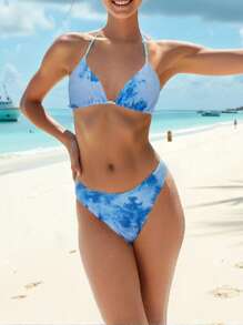 Women 2-Piece Swimsuits Fashion Prints Tie Front Halter Neck Bikini Bra And Briefs Sets For Summer Beachwear - Blue - View 1