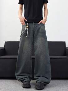 1 件装街头潮流休闲百搭宽松破洞男式牛仔阔腿牛仔裤