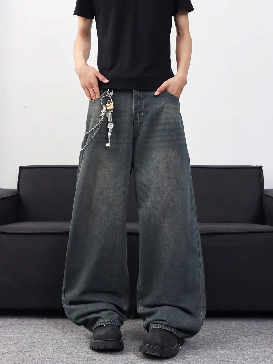 1 件装街头潮流休闲百搭宽松破洞男式牛仔阔腿牛仔裤