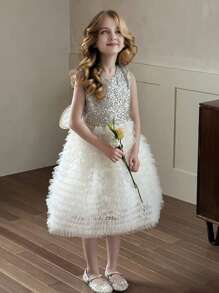 Vestido de princesa com lantejoulas e malha da moda para meninas com detalhes de asas, verão - Branco - Ver 4