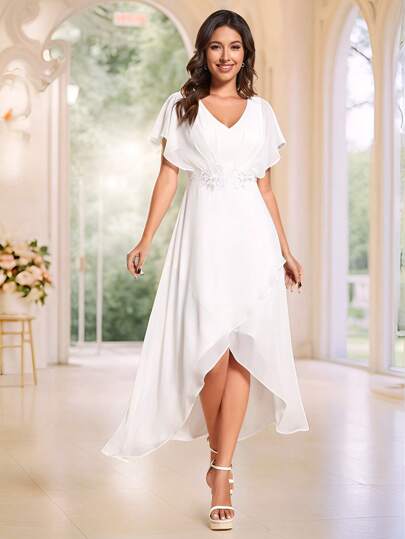 EVERPRETTY Suknia dla matki panny młodej z dekoltem w serek i rękawami typu nietoperz, rozcięciem i haftem kwiatowym