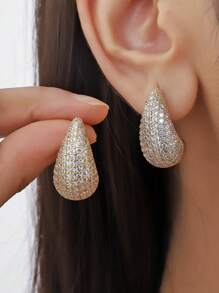 1 对金色水钻水滴耳环，时尚欧美风格高端夸张珠宝适合婚礼、联欢会、音乐节、庆典 - 金色 - 查看 2