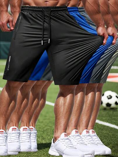 Summer High Elastic Sports Shorts For Men, Drawstring Waist, Zipper Pockets, Reflective Printed, Suitable For Workout, Running, Soccer, Basketball, Golf