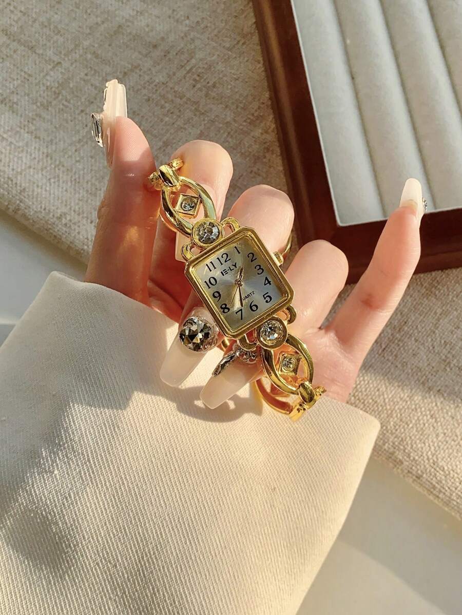 1 件女孩优雅简约石英表，矩形表盘，合金指针，电子机芯，奢华水钻仿真手镯腕表 - 金色 - 查看 1