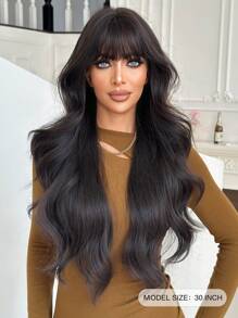 NICKY WALL 优雅女士长款自然黑色假发，带刘海，30 英寸波浪卷发合成假发，自然蓬松，耐热纤维发，全编织假发，适合日常派对使用 - 黑棕色 - 查看 5