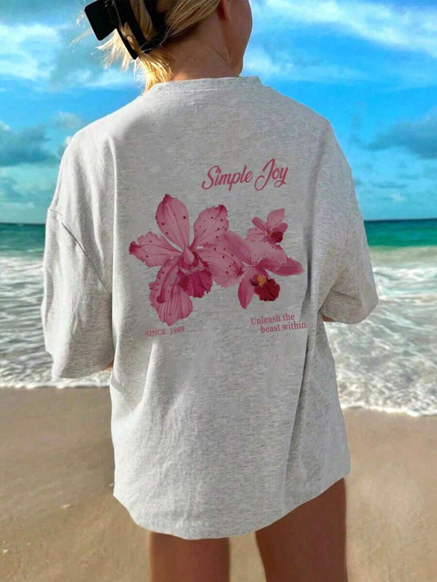 女童宽松T恤一件装 - 可机洗，芙蓉花印花T恤，适合儿童旅行度假、夏季穿着，女童服装