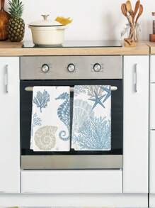 2Pcs Kitchen Towels Starfish Seahorse Coral Ocean Farmhouse Dish Towel Kitchen Dishwashing Hand Tea Towel Kitchen Dry Dish Towel Suitable For Kitchen Restaurant Dining Table - Baby Blue - View 3