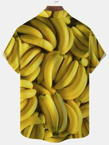 Plus Size Men's Hawaiian Banana 3D Digital Print Button Pocket Short Sleeve Aloha Shirt - Yellow - View 3