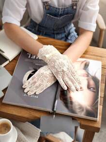 1 Pair Floral Print Lace Bowknot Full Finger Ladies' Gloves, For Party, Wedding, Daily Wear, Spring/Summer/Autumn - View 4