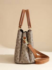 3 件套女士时尚手提包 - 带钱包的多功能休闲手提包，咖啡棕色，仿皮革，拉链开合，印花，带细绳设计 - 适合女士 - 适合日常使用、购物、约会 - 送给她的完美礼物 - 棕色 - 查看 3