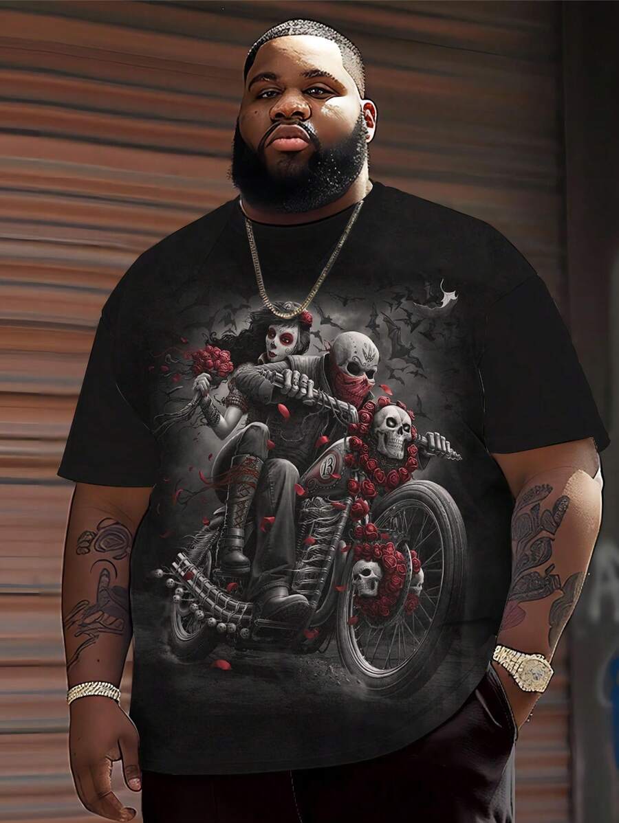 Herren Große Größen cooles Skelett Biker Muster T-Shirt, für Halloween
