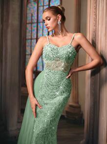 LUVISTRUE Goddess Temperament Sequins Splicing Summer Formal Dress Women Beaded Evening Gown For Charity Prom, Galas, Birthday Party, Red Carpet, Graduation Season Prom, Dinner Solid Color Spaghetti Strap Mermaid Gown Maxi Long Dresses - Mint Green - View 11