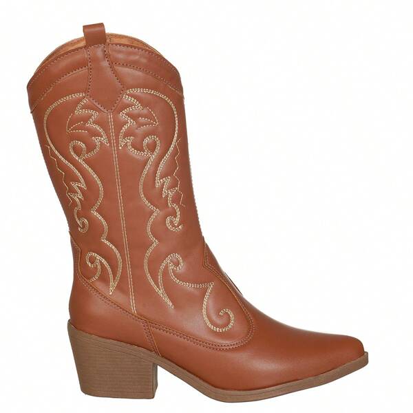 Bota Texana Feminina Cano Alto Salto Médio Western Bordada bota marrom confortável elegante