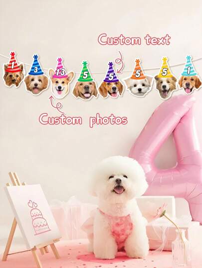 7/14/21pc Custom Pet Facial Photo Birthday Banner, Personalized Custom Dog And Digital Banner, Cat Birthday Decoration Banner, Customized Pet Birthday Hat, Pet Face Birthday Decoration, Dog Birthday Banner,Graphic Print