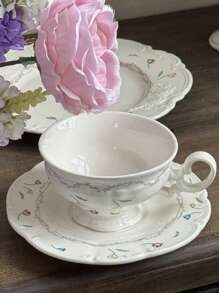 1 pièce Assiette à dessert en porcelaine florale vintage française, bord rose pâle, style antique de haute qualité, retour à l'école