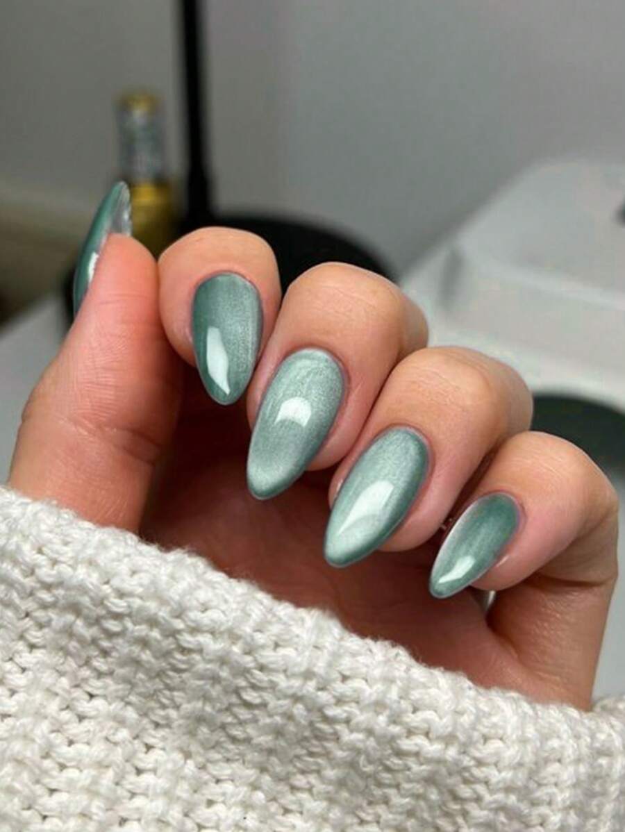 Bộ 24 miếng dán móng tay acrylic hình hạnh nhân bóng bẩy kiểu mắt mèo Y2K, thiết kế hình hạnh nhân, vừa vặn hoàn hảo với móng giả, bao gồm: 1 miếng gel dẻo và 1 dũa móng, móng mắt mèo màu hồng nhạt, phù hợp cho phụ nữ và các cô gái sử dụng hàng ngày hoặc trong các bữa tiệc. - Màu xanh bạc hà - Xem 1