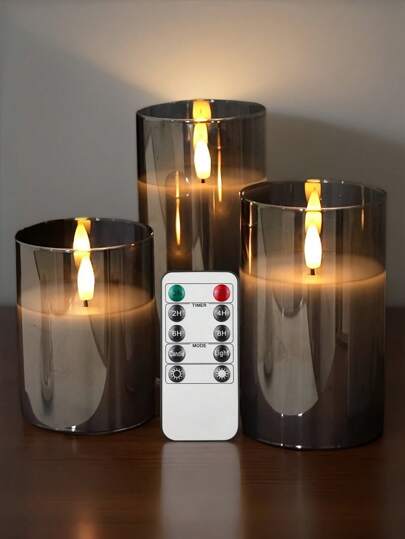 1pc/3pcs Gift Set, Acrylic Grey LED Candles, Battery Powered Flameless Candles With/Without Remote Control Timer, Adjustable Brightness, Super Atmospheric, Warm Flickering Lights Suitable For Home, Holiday, Wedding, Family, Farmhouse, Party Decor