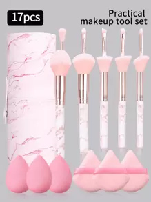 17件套化妆刷套装，包含10支大理石纹新手友好型化妆刷（粉底刷、腮红刷、眼影刷、遮瑕刷、面部晕染刷）、6个化妆海绵粉扑（粉底液粉扑）和1个多功能化妆刷收纳盒。 - 粉色 - 查看 3