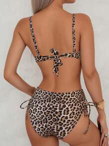 Two Pieces Swimming Suit Set. Bikini Top With Underwired Cups And Adjustable & Removable Straps. Bikini Bottom With Drawstrings. Leopard Print. - Multicolor - View 5