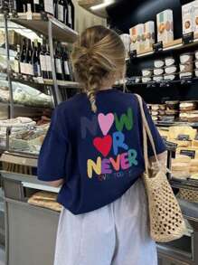 1pc Girls Casual Printed Round Neck Short Sleeve T-Shirt, Colorful Love & Heart Graphic Tees Bring Joy & Happiness, Summer Student Tops, Kids Clothes