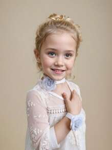 2pcs Girls Toddlers Rose Flower Bowknot + Wristband Bracelet 2-Piece Set, Baby Girl Bow Flower Outfit, Wedding Dress Decoration, Kids Party Accessory, Bridal Decor