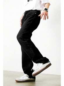 Men Cotton Bleach Wash Straight Leg Jeans, Plain Long Washed Baggy Light Blue Cargo Jeans, For Husband, Boyfriend Gifts