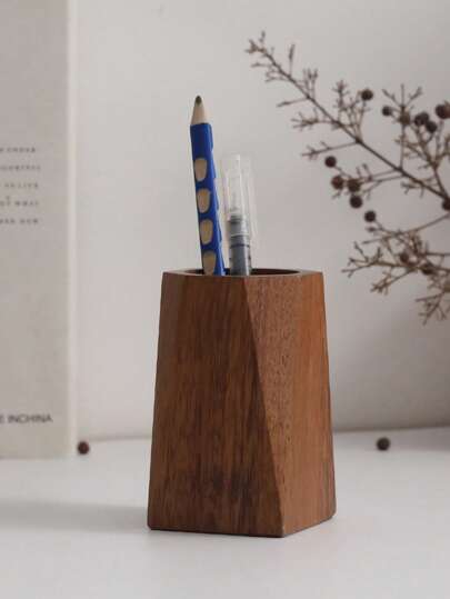 LEEAN 1pc Walnut Wood Pen Holder, Office Desk Accessory, Pen Storage Organizer, Dual-Purpose Art Supplies Pencil Cup, Makeup Brush Holder, Minimalist Vintage Desktop Storage Box, Suitable For Office, School, Home