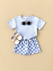 Baby Boy 2pcs/Set Casual Solid Color Short Sleeve T-Shirt With Plaid Patterned Shorts, Summer - Blue - View 5