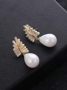 1 pereche de cercei cu perle artificiale rafinate cu design de frunze, cercei eleganti pentru mireasa, pentru nunta, cadou de petrecere, accesorii stralucitoare, bijuterii