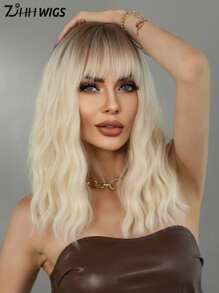 7JHH WIGS Platinum Blonde Wavy Wig Medium Length Wig With Bangs Dark Roots Synthetic Heat Resistant White Blonde Wig Natural Looking Shoulder Length Wigs For Women Daily And Date Use 16 Inch - Gold - View 5