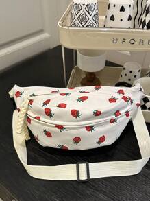 Nylon Crossbody Bag, Solid Color Shoulder Bag, Women's Casual Sling Purse For Outdoor Sports, Strawberry Pattern - White - View 11