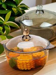 高品质新款茶色双耳汤锅创意沙拉碗家用商用带盖微波炉适用北欧风优雅水果玻璃碗拉面碗