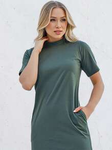 Cotton Midi Dress With SleevesSimpleCasualElegantKnitSplitPocketSide SlitStreetHome - 綠色 - 查看 2