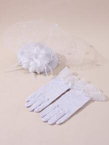 1 套儿童派对礼服，配有珍珠迷你帽和蕾丝手套组合，适合活动、派对和拍照 - 帽子和手套 - 查看 8