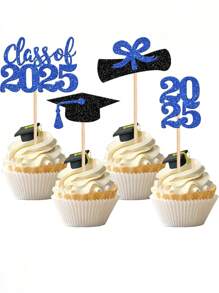 6/12/24 Peças Toppers de Cupcake de Formatura - Design vibrante de boné e diploma de graduação com glitter, palitos de madeira elegantes, adequados para sobremesas de festa de formatura, sem penas, sem necessidade de energia, decorações de comemoração | Tema de comemoração | Bambú durável, Decorações de Bolo de Formatura