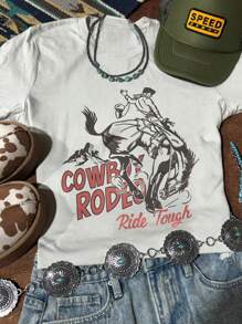 女式牛仔图案 T 恤 - 复古西部牛仔和马印花短袖圆领 T 恤，适合户外聚会、休闲装、四季皆宜 - 白色 - 查看 1