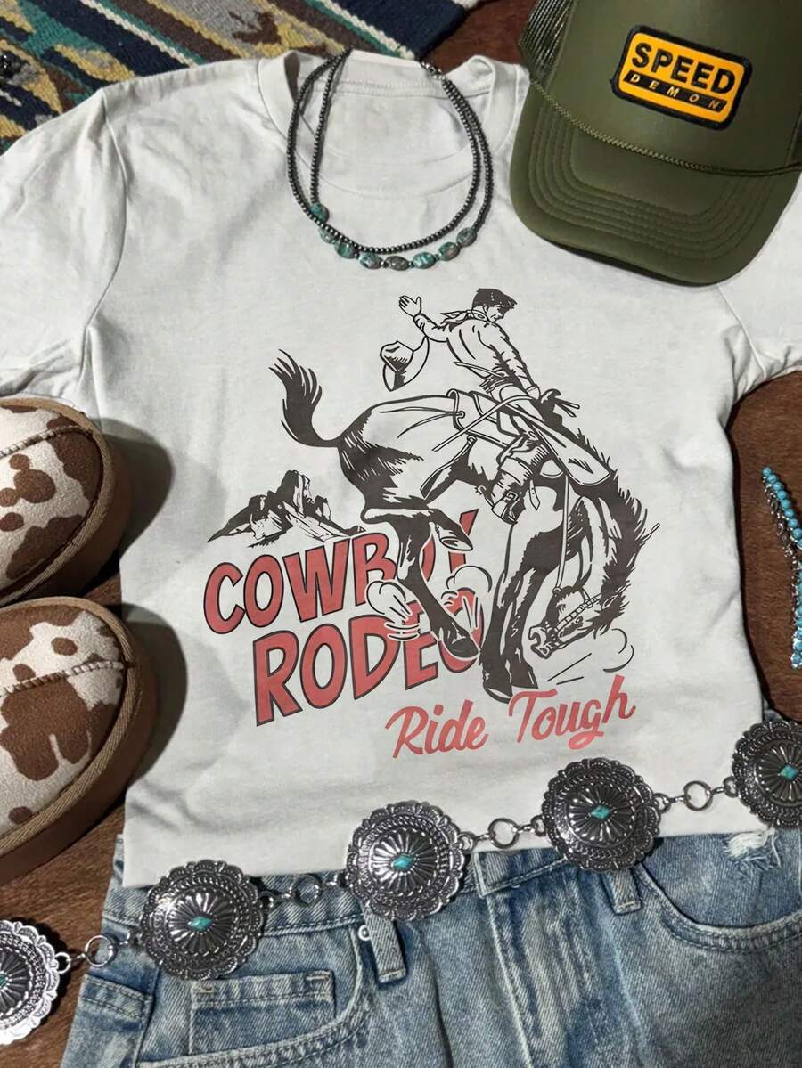 女式牛仔图案 T 恤 - 复古西部牛仔和马印花短袖圆领 T 恤，适合户外聚会、休闲装、四季皆宜 - 白色 - 查看 1