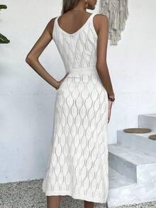 女士休闲V领纯色钩针开衩连衣裙，全白夏季款，奶油黄秋季返校款，优雅长款派对连衣裙，适合秋冬季节（图案随机）