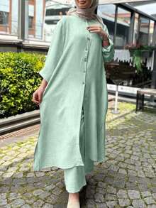 2 件套女士套装：纽扣领开衩衬衫连衣裙和裤子，端庄 - 綠色 - 查看 4