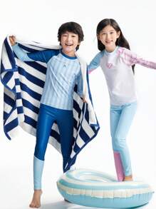 Annil 儿童服装女童男童中大童儿童泳衣分体长袖套装夏季 - 藍色 - 查看 1