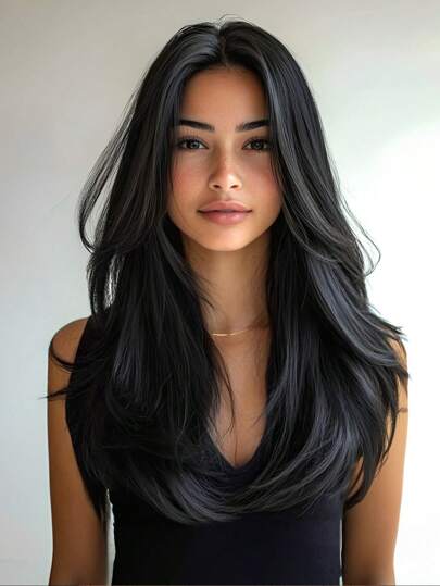 26Inch Black Long Straight Hair Wig Natural Layered Wig Synthetic Heat Resistant Wig Suitable For Women's Daily Party Cosplay