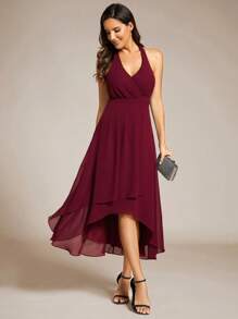 EVERPRETTY Halterneck Backless High Low Wedding Guest Dress In Chiffon, Bridesmaid Dress - Burgundy - View 4