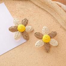 2pcs Set Fashionable Six-Petal Flower Rattan Braided Earrings, Beach Resort Style Accessories For Women