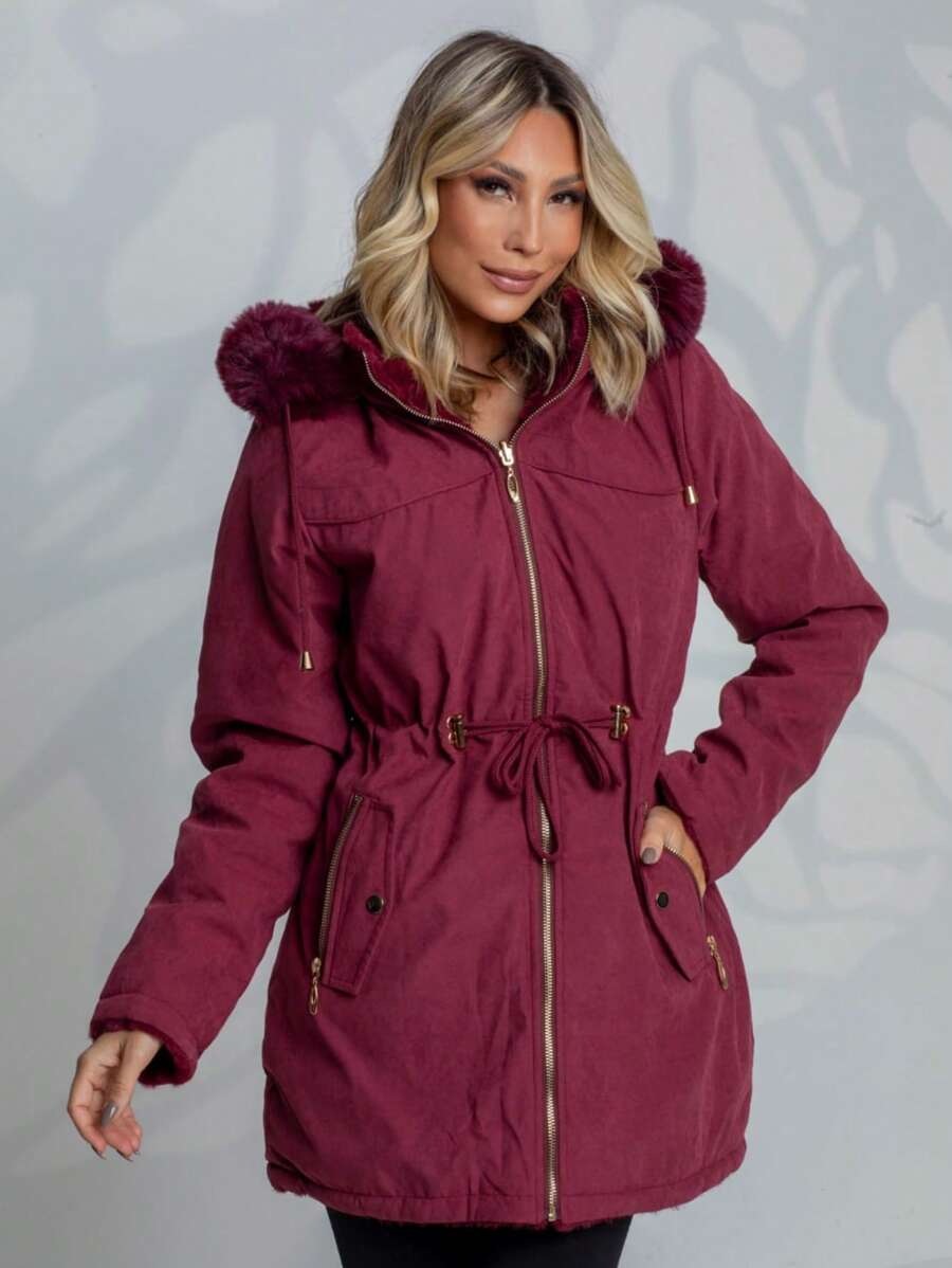 Women's Plus Size Lined Parka Jacket - 酒紅色 - 查看 1