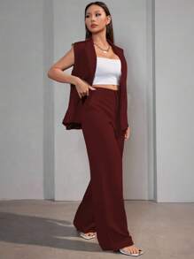 Casual Suit Vest Set Women - 酒紅色 - 查看 4