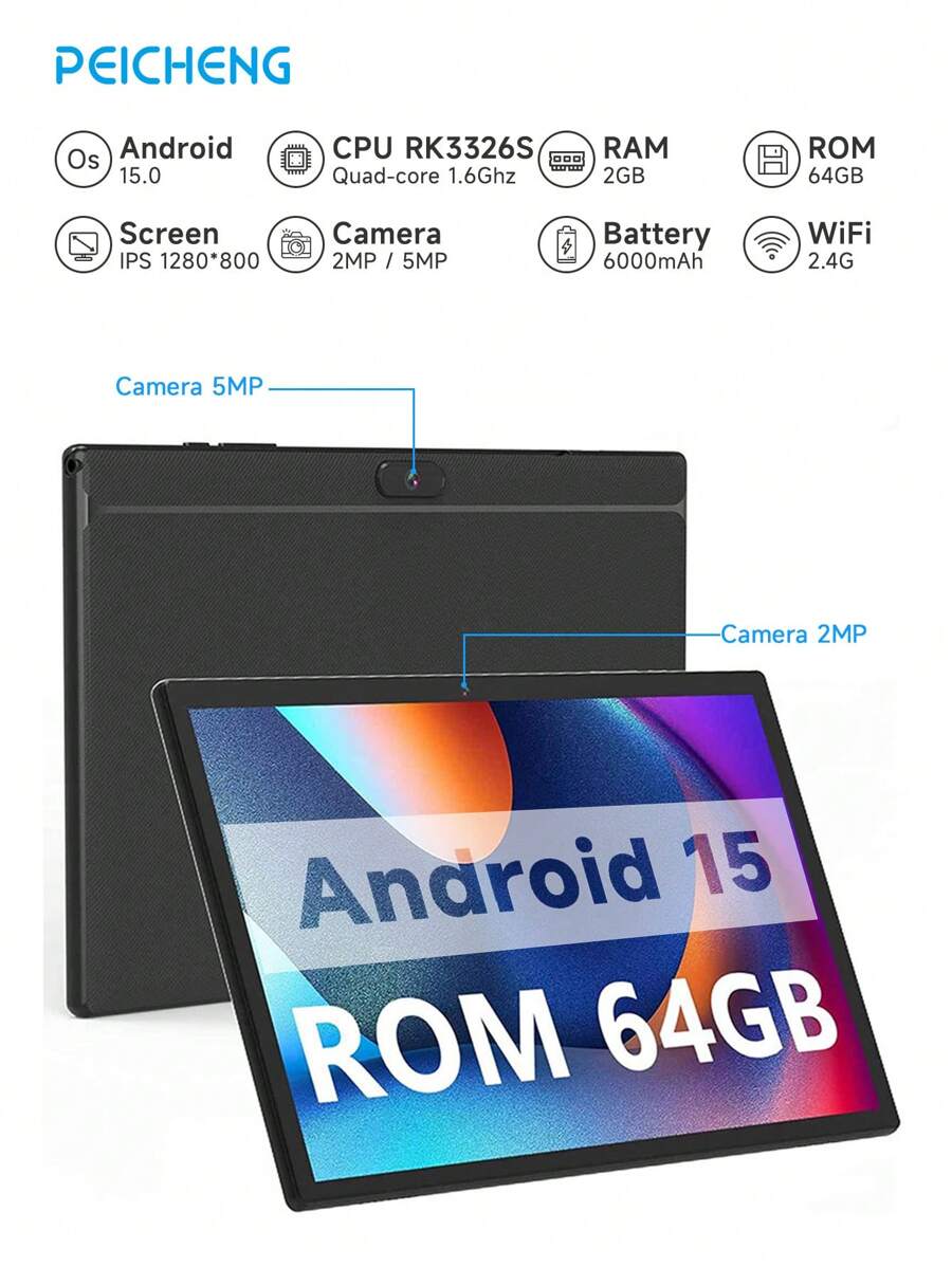 PEICHENG Coopers YQ10S Android Tablet, 10.1 Inch Tablet, Android 14 System, RK3326S Quad-Core 1.6GHz Processor/2GB RAM 64GB Storage/2.4G WiFi + WiFi 6/Bluetooth 5.2/2MP + 5MP Dual Camera/Type-C Interface/6000mAh Battery/Supports 512GB SD Card Expansion (Adapter Not Included) - Black - View 1